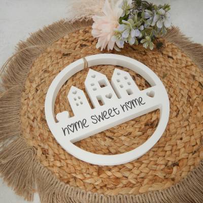 Dekoschild "Home sweet home" – Türschild aus Reliefgießpulver mit Sisalband