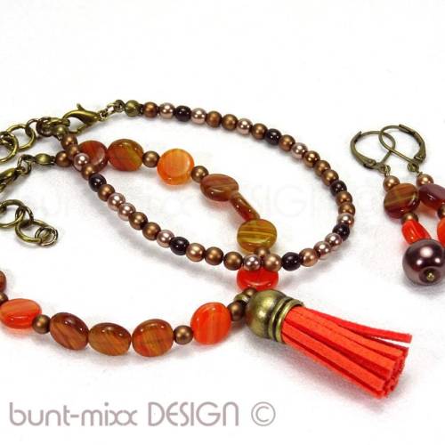 SET 2 Armbänder und Ohrringe, orange braun Herbstfarben, Tassel Armband, bronzefarben, Handmade by BuntMixxDESIGN