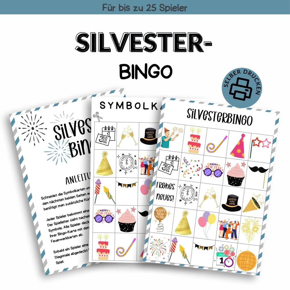 Bingo für Silvester Druckvorlage - Silvesterbingo zum Selberdrucken - Bingo für Silvesterfeier - Digitaler Download Bild 1