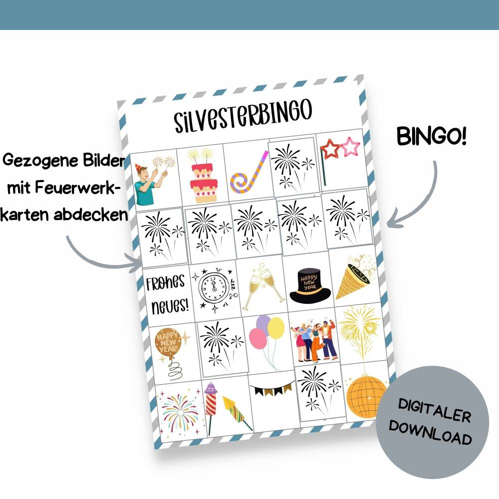 Bingo für Silvester Druckvorlage - Silvesterbingo zum Selberdrucken - Bingo für Silvesterfeier - Digitaler Download Bild 7