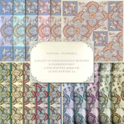 VINTAGE-FLOWERS 2, antike Blumenmuster im Vintage Landhausstil, 15 Blatt  digitales Papier zum download und drucken