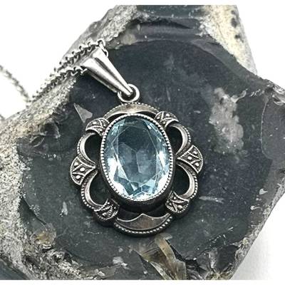 835 Silber Jugendstil Anhänger mit Blautopas an Kette um 1925