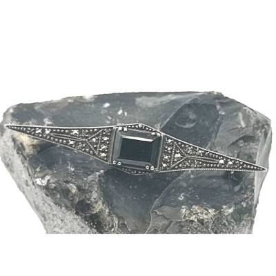 925 Silber Art Deco Onyx Stab Brosche – Original Krawattennadel mit Markasiten