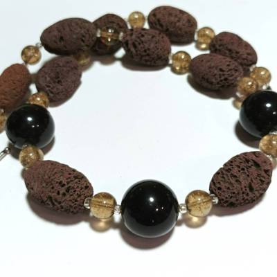 Statement Lava Kette Braun Beige mit Gold-Obsidian – Handgemachtes Collier als Geschenk