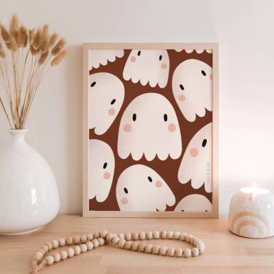 Poster Geister Halloween Herbst - Halloween Gespenster Kunstdruck Ghost Print - Wanddeko Herbst - Geist Poster Geschenk