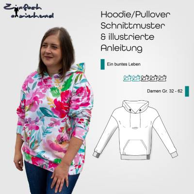 PDF Schnittmuster Damen Oversize Hoodie Größe 32 - 62 mit Bauchtasche, Kapuze oder Rundhals