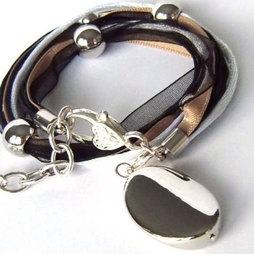 Schmuck SET Wickelarmband und Anhänger Charm oval spiegelnd glänzend Medaillon Armband nude schwarz weiß, made by BuntMi