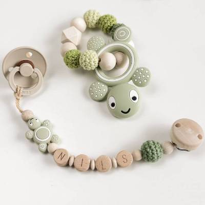 Schnullerkette und Greifling mit Namen, personalisiertes Set mit Schildkröte
