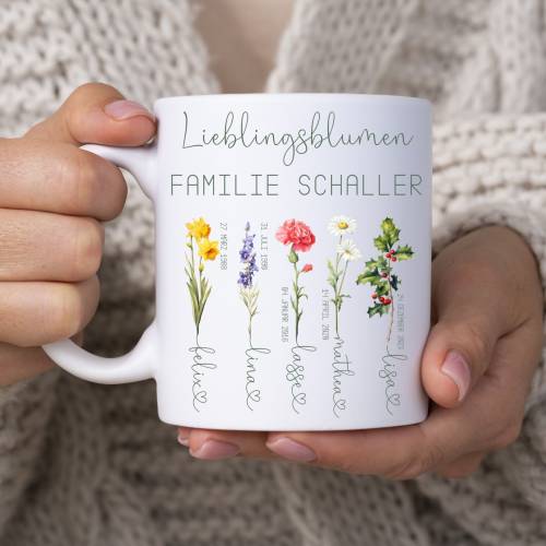 Geburtsblumen Tasse Namen personalisiert, Tasse Monatsblumen, Geschenk Familie Namenstasse