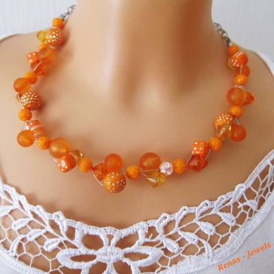 Perlen Kette kurz zweireihig orange silberfarben Acryl Perlen Polaris Perlen Glasperlen