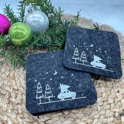 Weihnachtliche Filz Untersetzer – 6er Set aus reiner Wolle mit Glitzer-Aufdruck