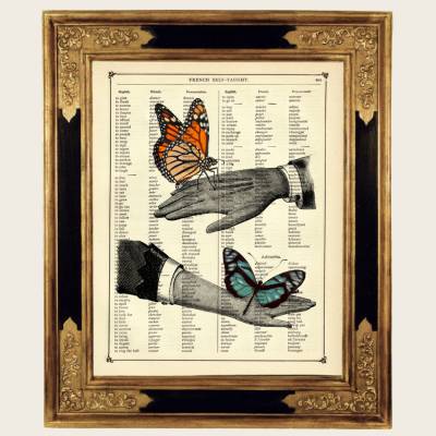 Schmetterlinge Kunstdruck Handschuh Valentinstag Hochzeit - Steampunk Druck auf antiker viktorianischer Buchseite