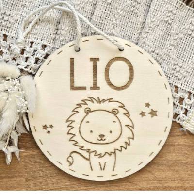 Geburtsschild Löwe personalisiert mit Namen Holz, Geschenk zur Geburt Schild Löwe Junge, Namensschild mit  Löwe