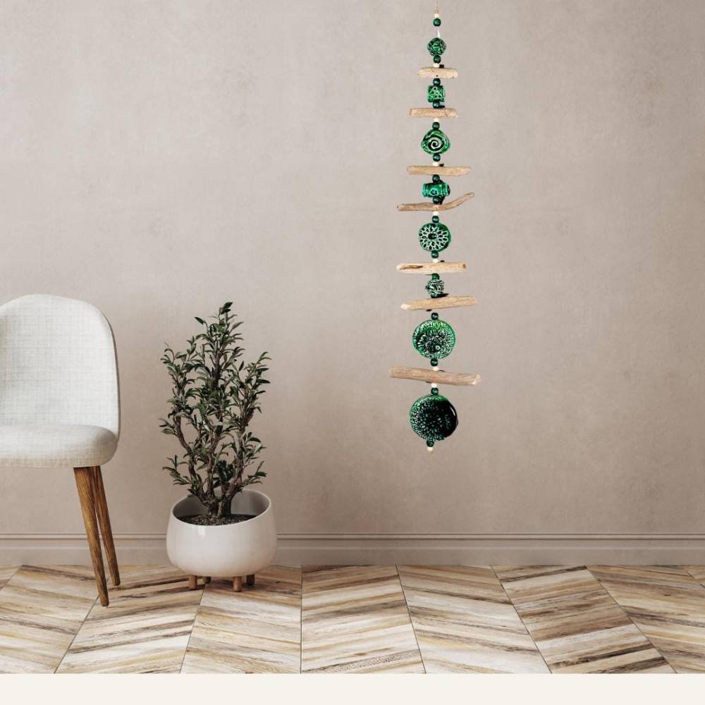 Treibholz Deko mit Keramik, handgefertigte Keramik Mandalas, Keramik Deko Wohnzimmer, Boho Deko Wand, besonderes Geschen