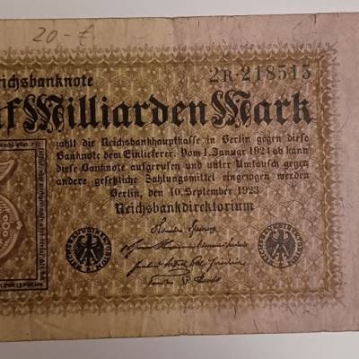 Reichsbanknote -   fünf Milliarden Mark -  10. September 1923 -  Nr.: 2 R 218513 - gebrauchter Zustand 