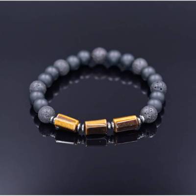 Herren Armband aus Edelsteinen Tigerauge Onyx Lava Hämatit, Elastisches Armband, 8 mm