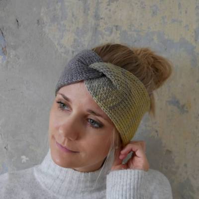 VERSANDFERTIG! zimtblüte Stirnband CARO DOUBLE  mit Twist aus Wolle mit Farbverlauf handgestrickt