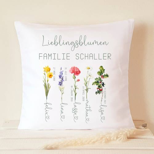 Kissen Monatsblumen Familie, Geschenk Geburtstag personalisiert, Geschenk Namenskissen Geburtstagsblumen, Dekokissen