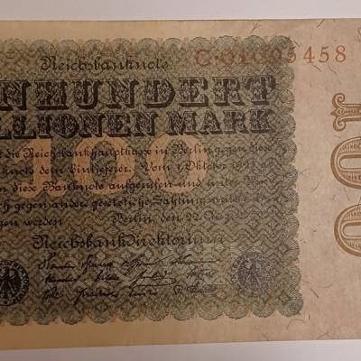 Reichsbanknote -   100 Millionen Mark -  22. August 1923 - Nr.: C 01095458