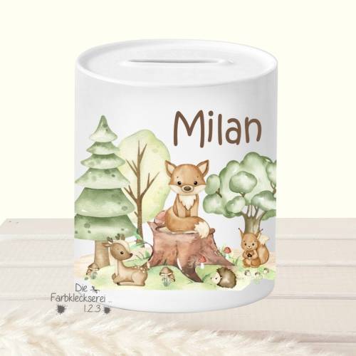 Spardose Waldtiere, Sparschwein mit Fuchs, Geschenk Junge personalisiert, Taufe Geschenk Mädchen