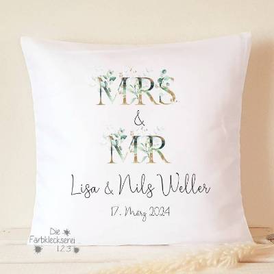 Erinnerung Hochzeit, Geschenk Kissen MR & MRS personalisiert, Hochzeitsgeschenk Dekokissen Monogramm Eukalyptus