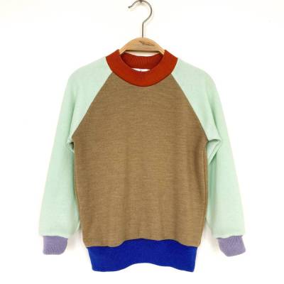 Kinderpullover 104/110  beige mint 100% Merinowolle / Upcycling Wollpullover