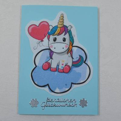 Glückwunschkarte mit Einhorn-Motiv, hellblau mit Herz