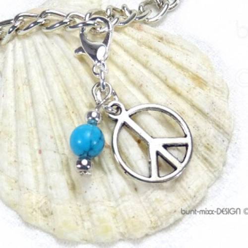 Anhänger Charm peace, türkis-blau Howlith-Perle (rekon.), für Bettelarmband mit Karabiner, hippie boho, 