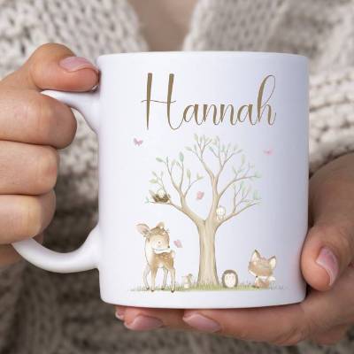 Tasse Kind personalisiert, Geschenk Geburtstag mit Namen, Kindertasse Waldtiere, Namenstasse Baum Reh Igel, Tasse Boho
