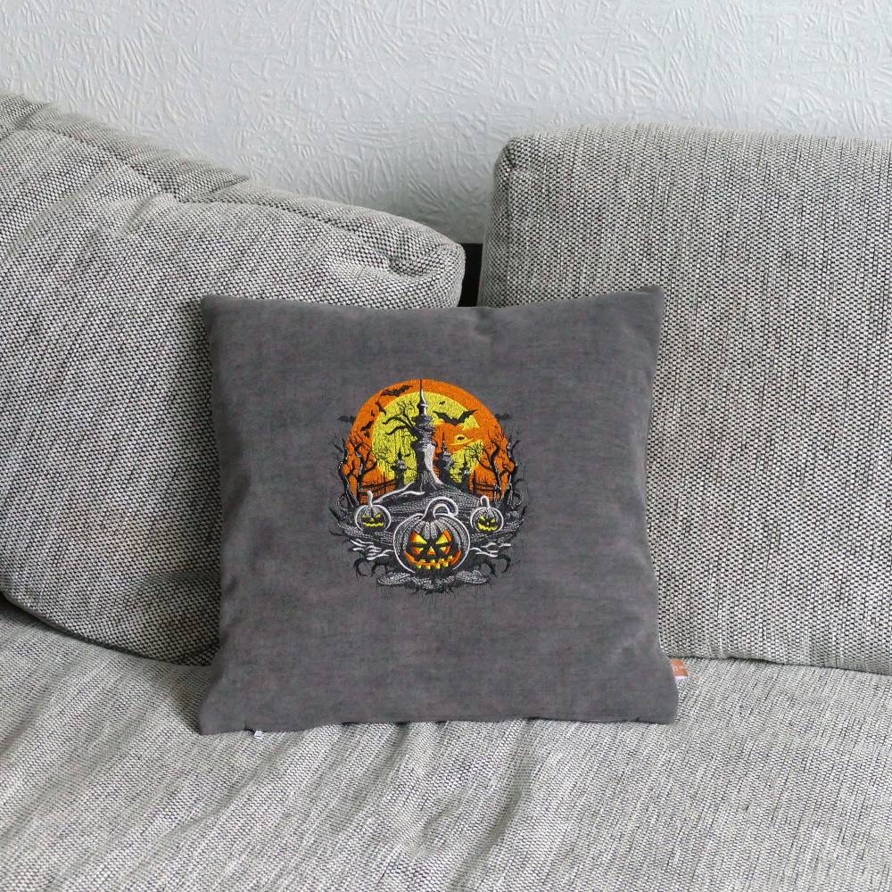Handgefertigte Halloween Kissenhülle 40x40 cm – Spukschloss & Kürbisse Motiv Handmade