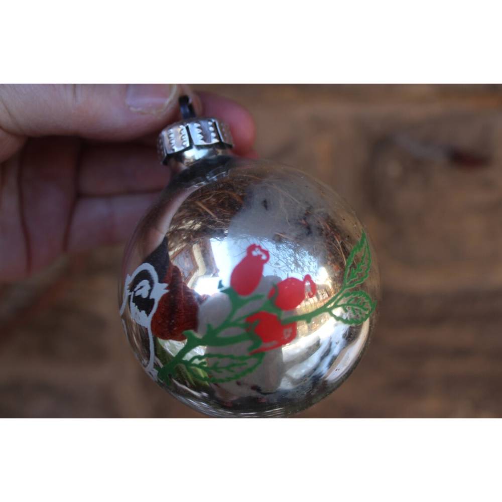 12 alte Christbaumkugeln silber mit Vogel Hagebutten Dekor Glas Vintage 60er 70er Jahre