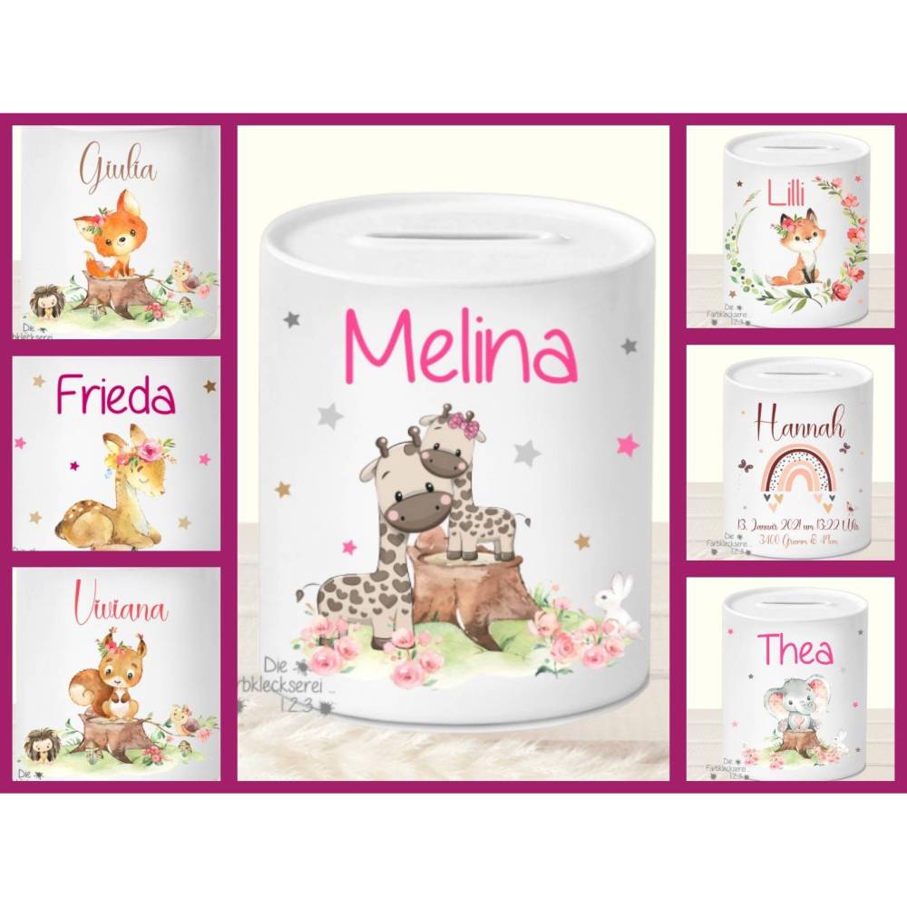 Sparschwein mit Namen personalisiert- Geschenk zur Geburt Mädchen