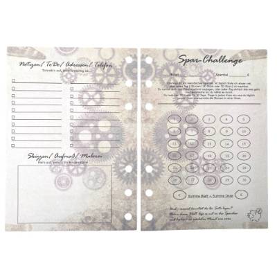 A6 Ringbuch Einleger "Spar-Challenge" im Steampunk Design, 20 Blatt für 20 Monate