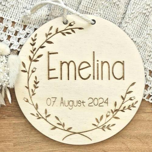 Personalisiertes Holzschild Blumenkranz mit Namen Kind Türschild Namensschild Holz rund