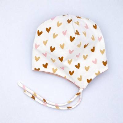 Babymütze Mädchen  cremeweiß,Herzmuster glitzergold,rosa,rehbraun,Wendemütze