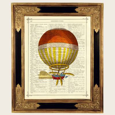 Heißluftballon Kunstdruck Luftschiff IV Streifen Zirkus Poster - Steampunk Druck auf antiker viktorianischer Buchseite
