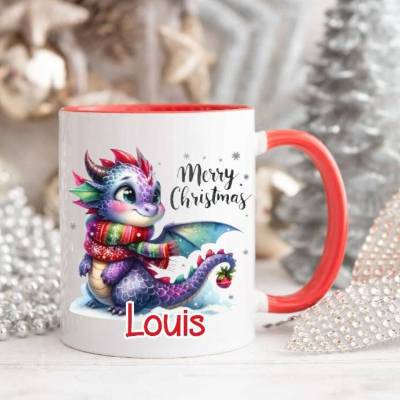 Tasse Weihnachten personalisiert mit Namen Drache Junge Geschenk Weihnachstasse Kinder Keramik oder Emaille 
