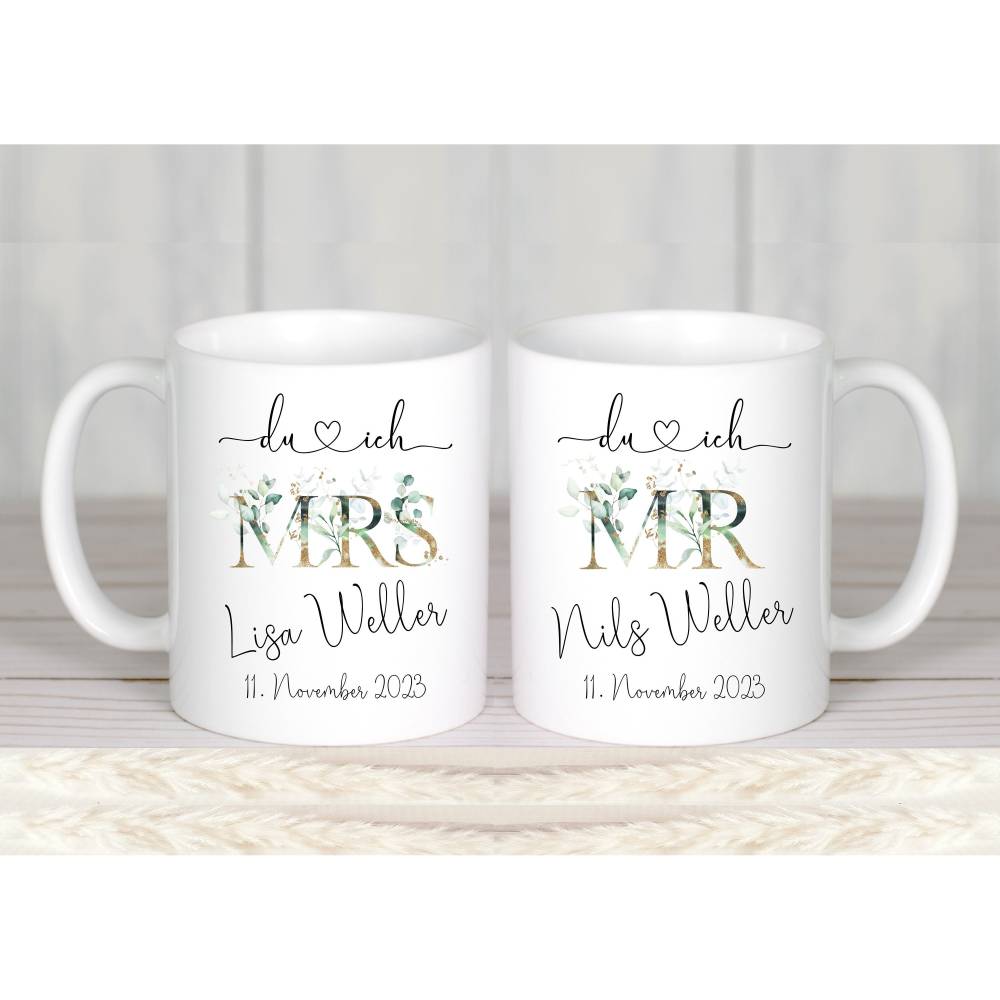 Geschenk Hochzeit Tassen Set, Tassen Mr & Mrs Namen Hochzeitsdatum, Hochzeitsgeschenk Brautpaar personalisiert