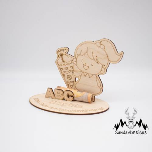 Geldgeschenk Mädchen mit Zuckertüte - aus Holz personalisiert