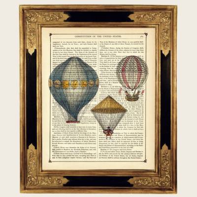 Heißluftballon Kunstdruck Luftschiff Airships Poster - Steampunk Druck auf antiker viktorianischer Buchseite
