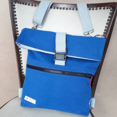 Umhängetasche und Rucksack 'Ella' aus blauem Baumwollstoff