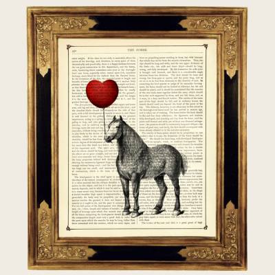 Pferd Kunstdruck Herz Luftballon Geschenk Valentinstag Poster - Steampunk Druck auf antiker viktorianischer Buchseite