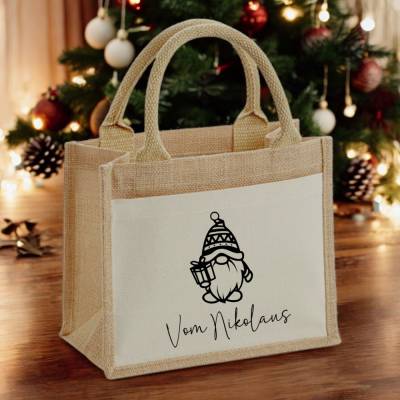 Jutetasche Weihnachten/Nikolaus mit Motiv – nachhaltige Geschenkverpackung mit Einsteckfach