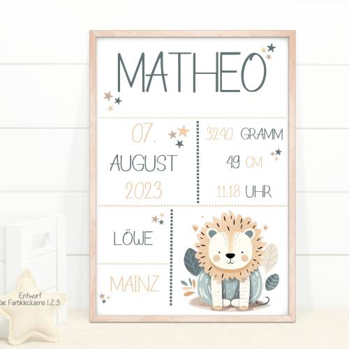 Geburtstafel Löwe, Geschenk Geburt Baby, Geburtstag, Geburtsposter, Geburtsanzeige