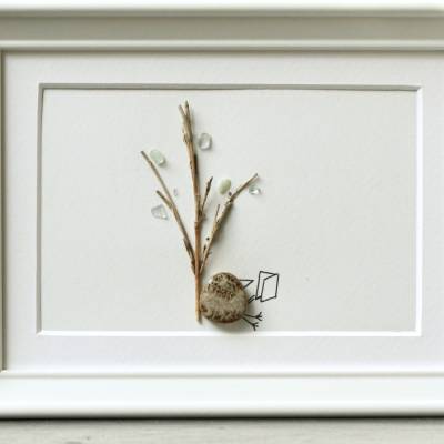 Stein Bild Lernen Vogel mit Buch gerahmtes Unikat handgefertigt Seeglas Keramik Geschenk zum Studienbeginn Studium Schul