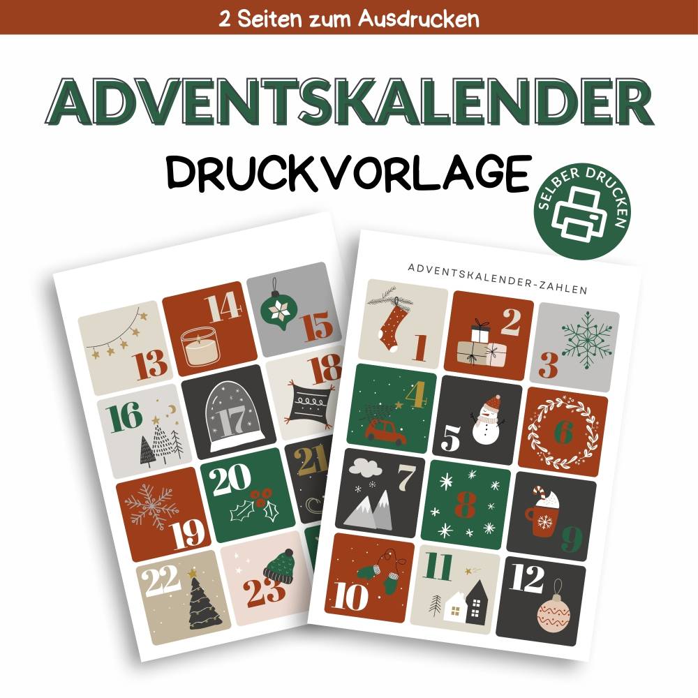 Adventskalender Zahlen zum Ausdrucken – PDF Druckvorlage für DIY Adventskalender & Bastelprojekte Bild 1