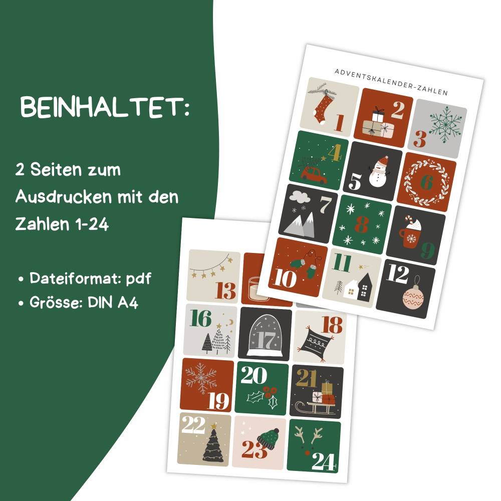 Adventskalender Zahlen zum Ausdrucken – PDF Druckvorlage für DIY Adventskalender & Bastelprojekte Bild 2