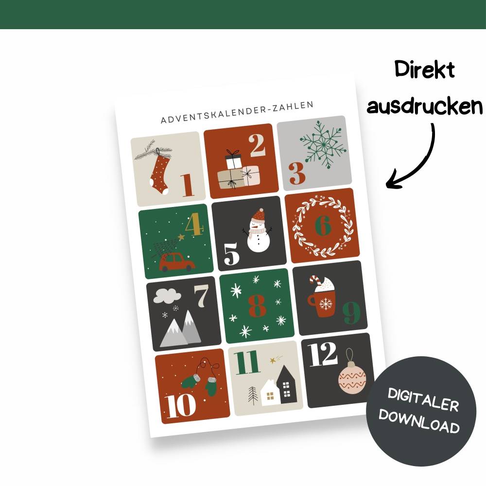 Adventskalender Zahlen zum Ausdrucken – PDF Druckvorlage für DIY Adventskalender & Bastelprojekte Bild 3