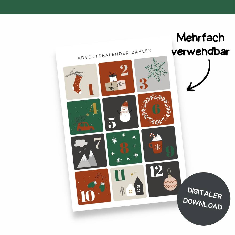 Adventskalender Zahlen zum Ausdrucken – PDF Druckvorlage für DIY Adventskalender & Bastelprojekte Bild 5