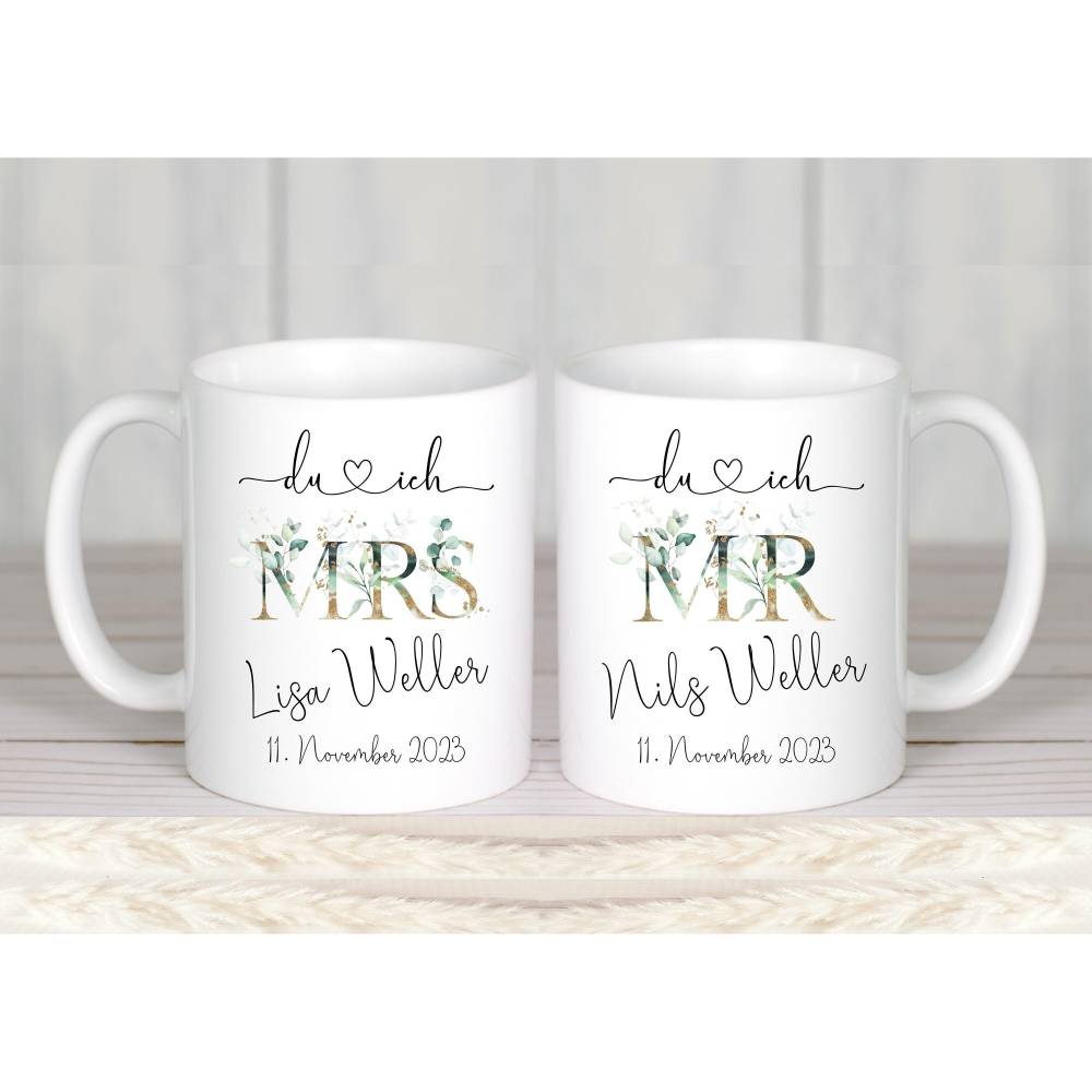 Hochzeitsgeschenk personalisiert Tassen Set mit Namen Brautpaar Hochzeit Geschenk Kaffeetasse